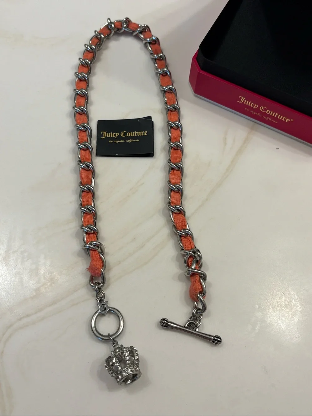Juicy Couture Coral-Orange Chain-Link Necklace with Crystal Crown Charm